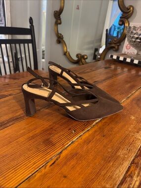 Brown Suede Pointed Slingback Heels with Cutout Straps